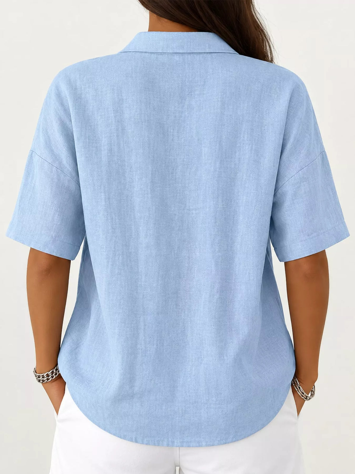 Snap Down Shirt in light blue, back view