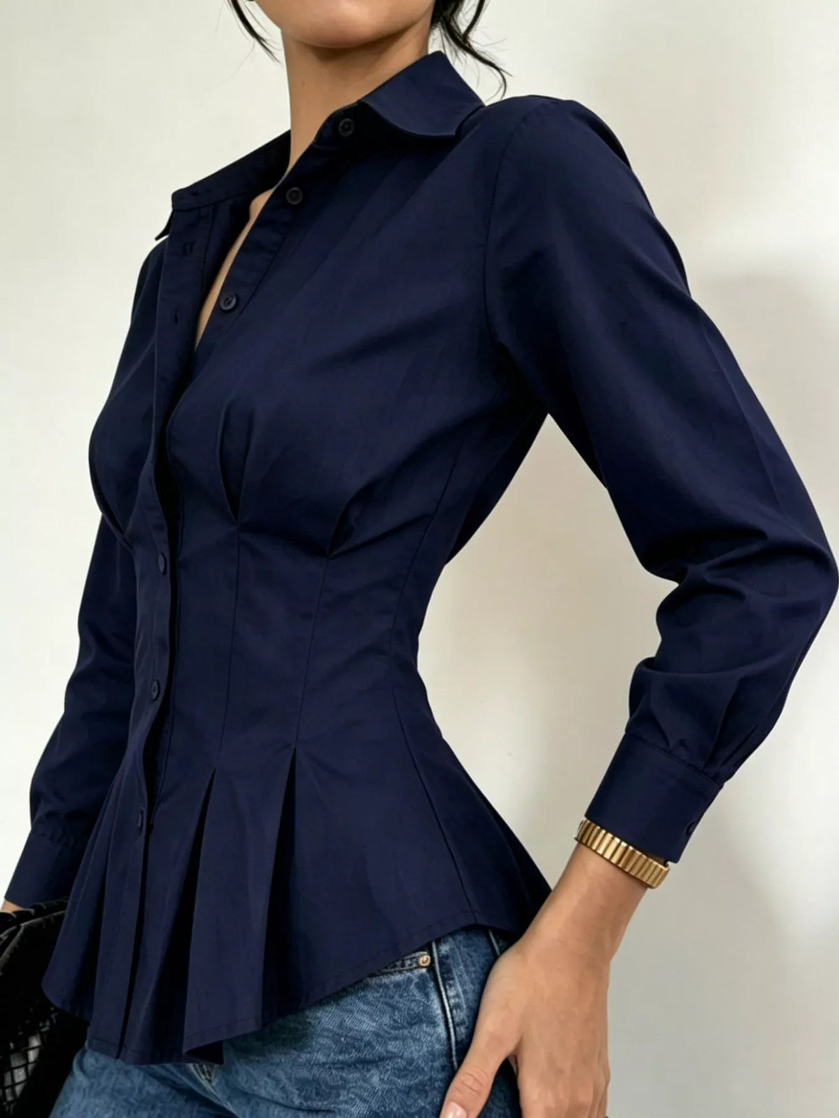 Button-Down Peplum Blouse with Fitted Waist, side view