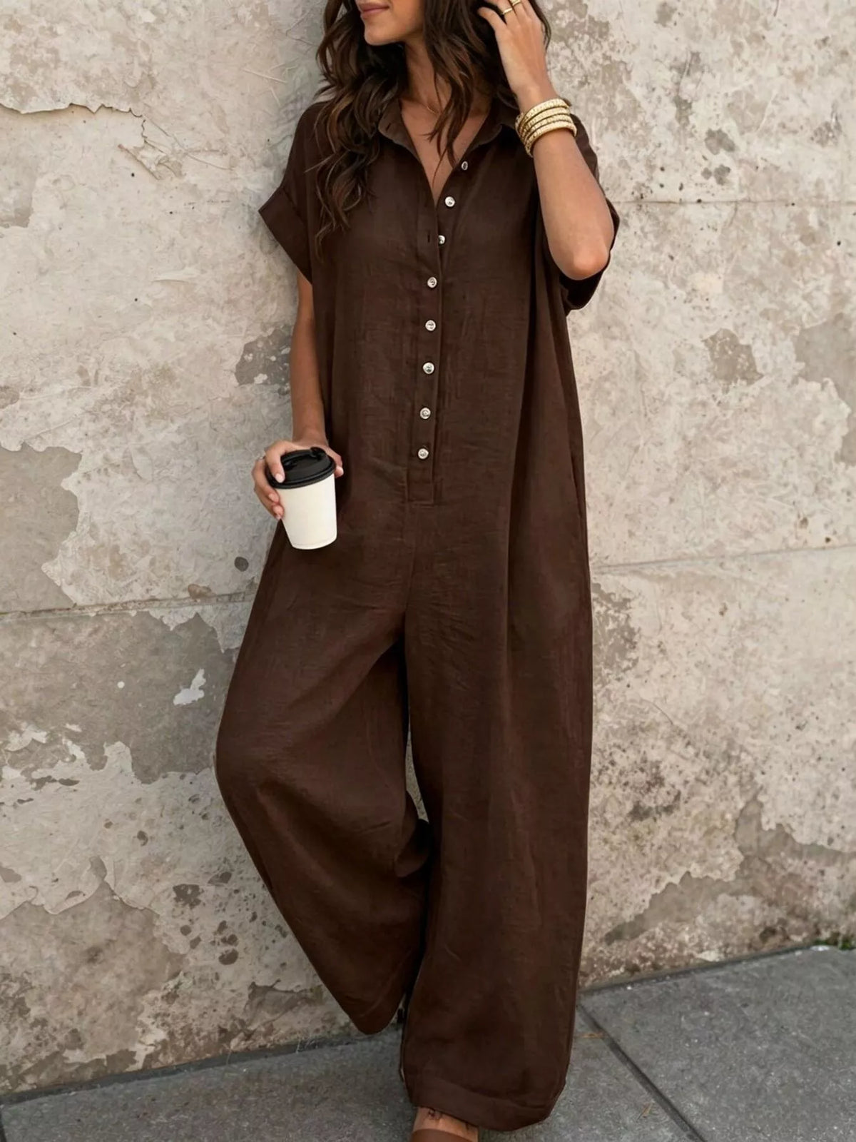 Brown button-front jumpsuit, front view