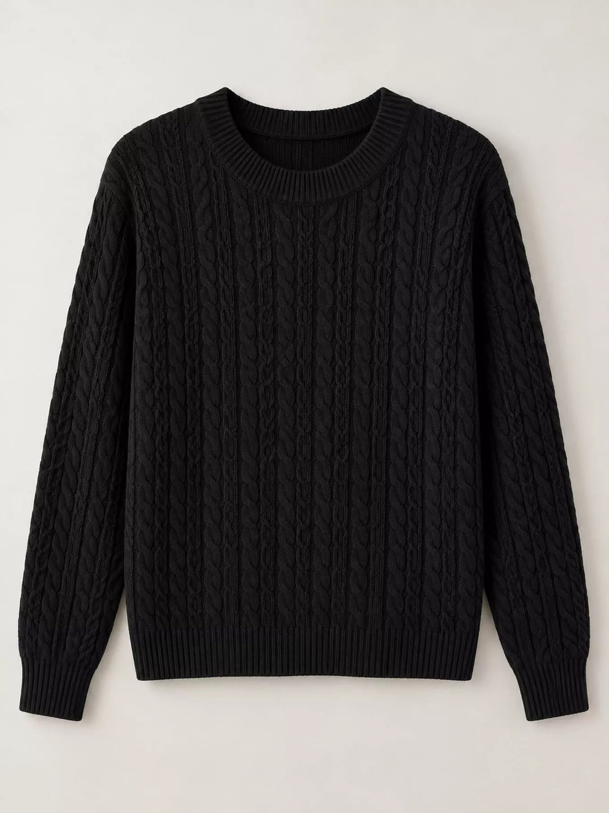 Black cable knit round neck sweater