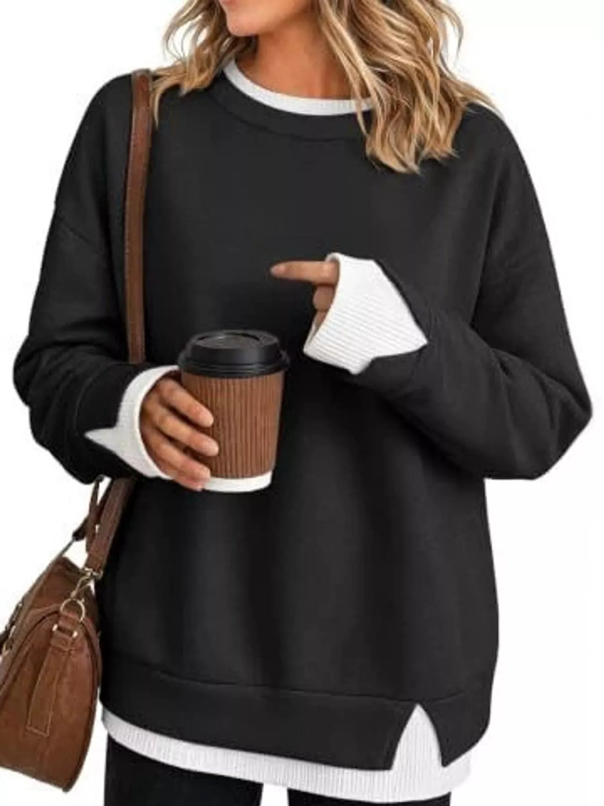 Layered Look Crew Neck Sweatshirt in black, front view