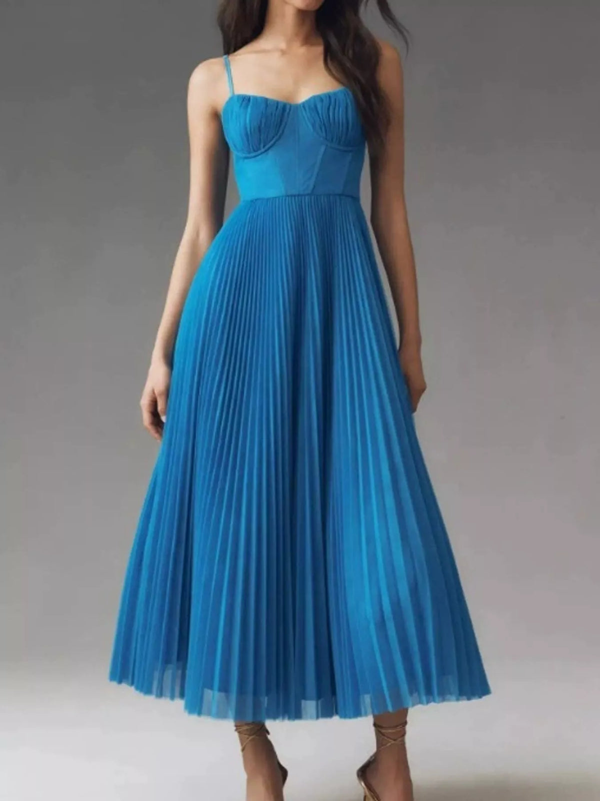 Blue pleated sweetheart neck midi dress — front view