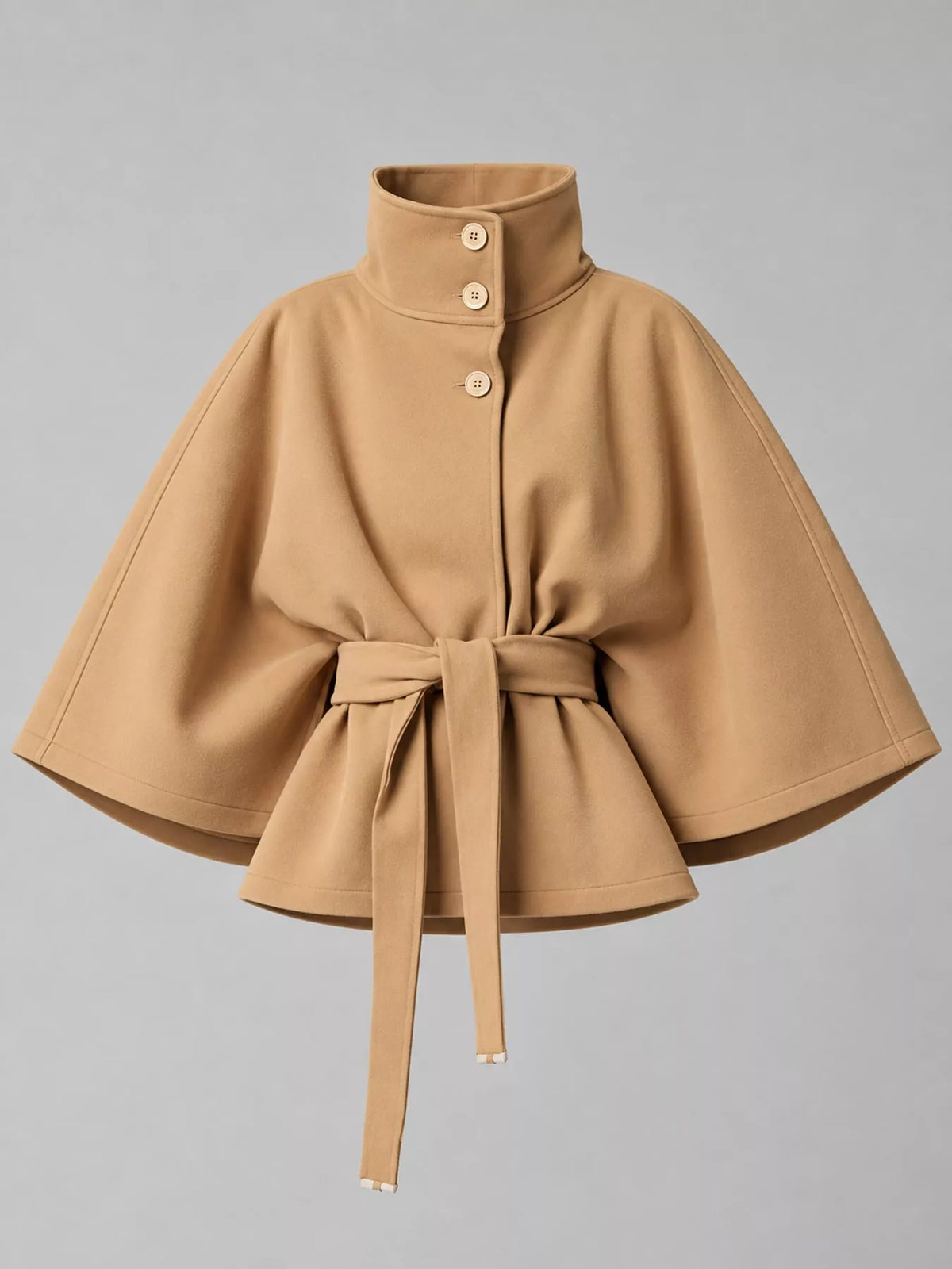 Tan belted button-front cape — front view