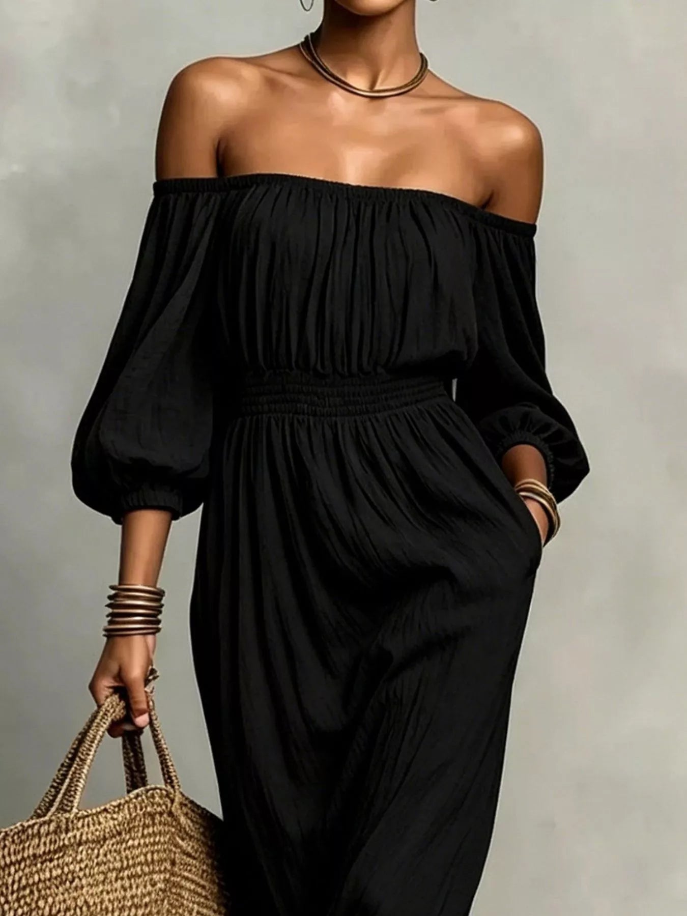 Trendsi t Off-Shoulder Smocked Waist Maxi Dress -