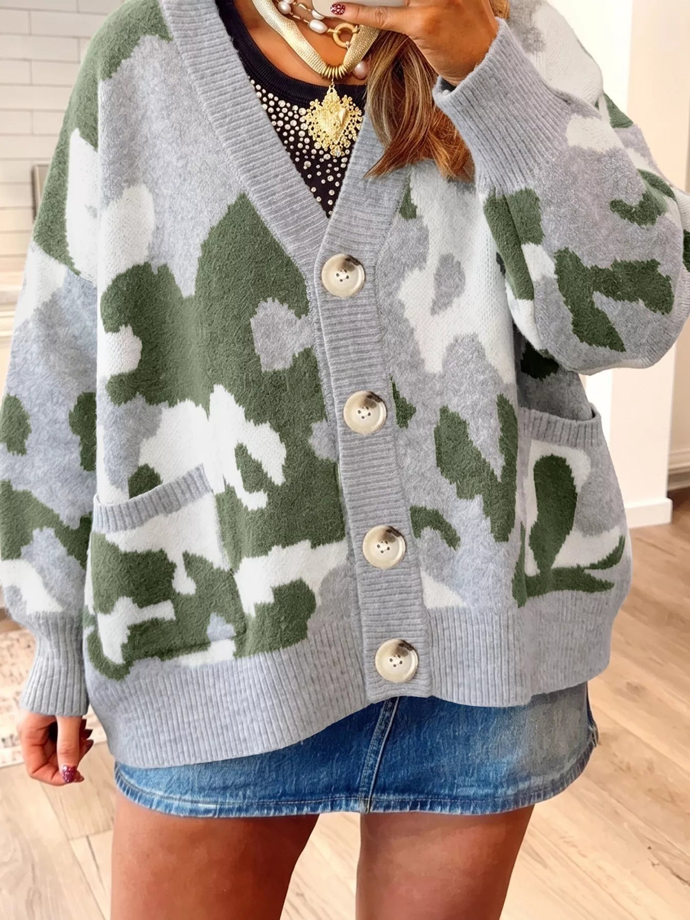 Trendsi Camouflage Drop Shoulder V Neck Button Front Cardigan -