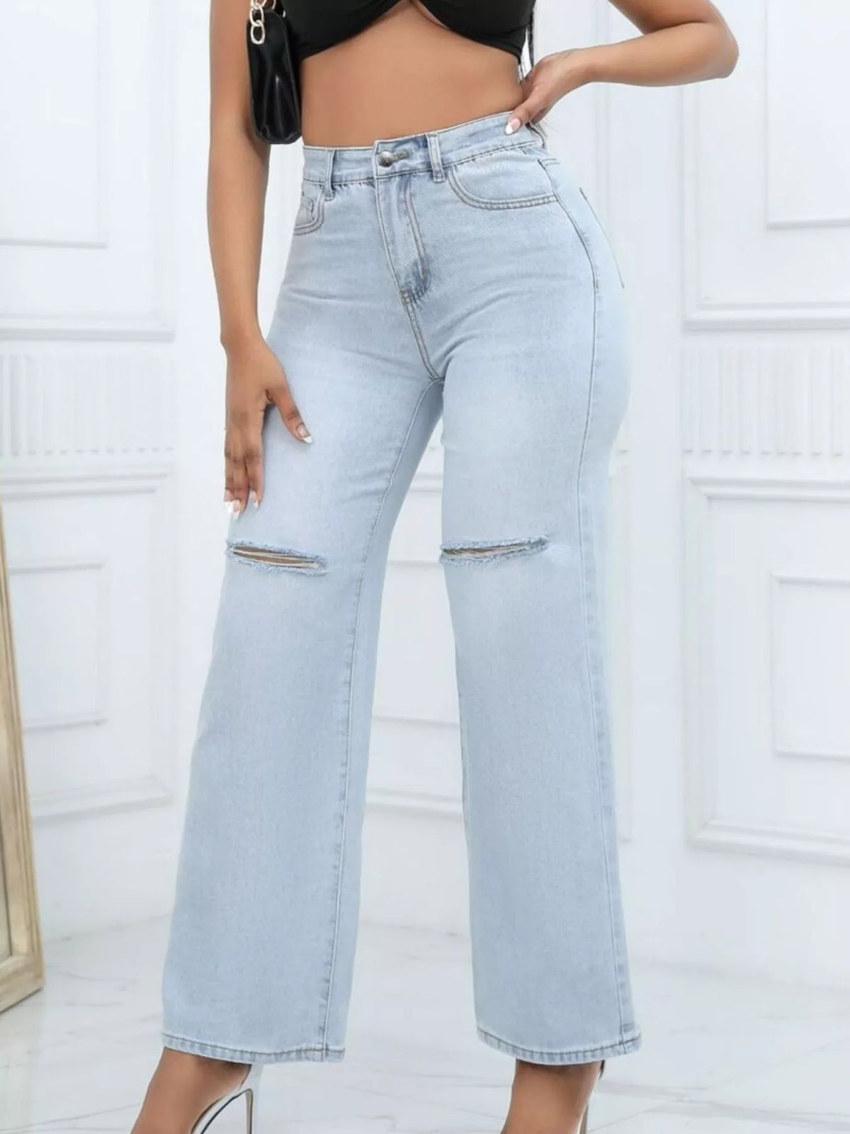 Knee-Ripped Wide-Leg Jeans in light blue, front view