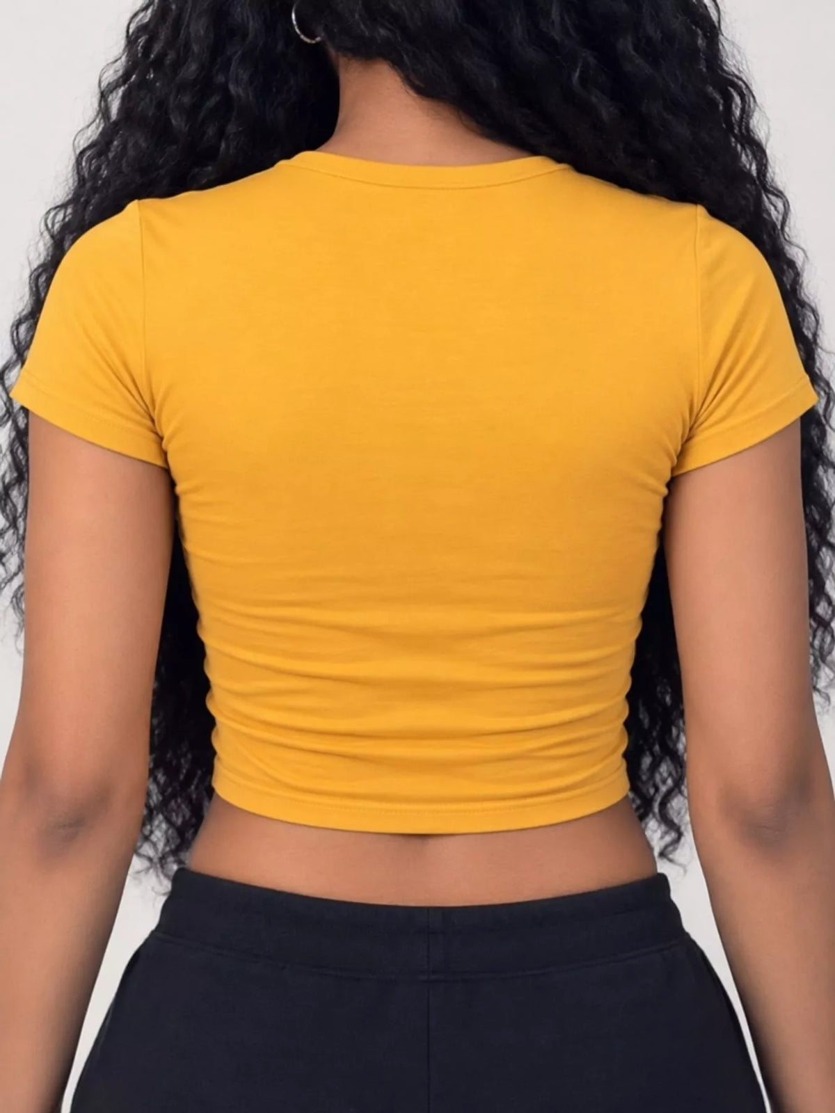 Mustard yellow crew neck crop T-shirt, back view