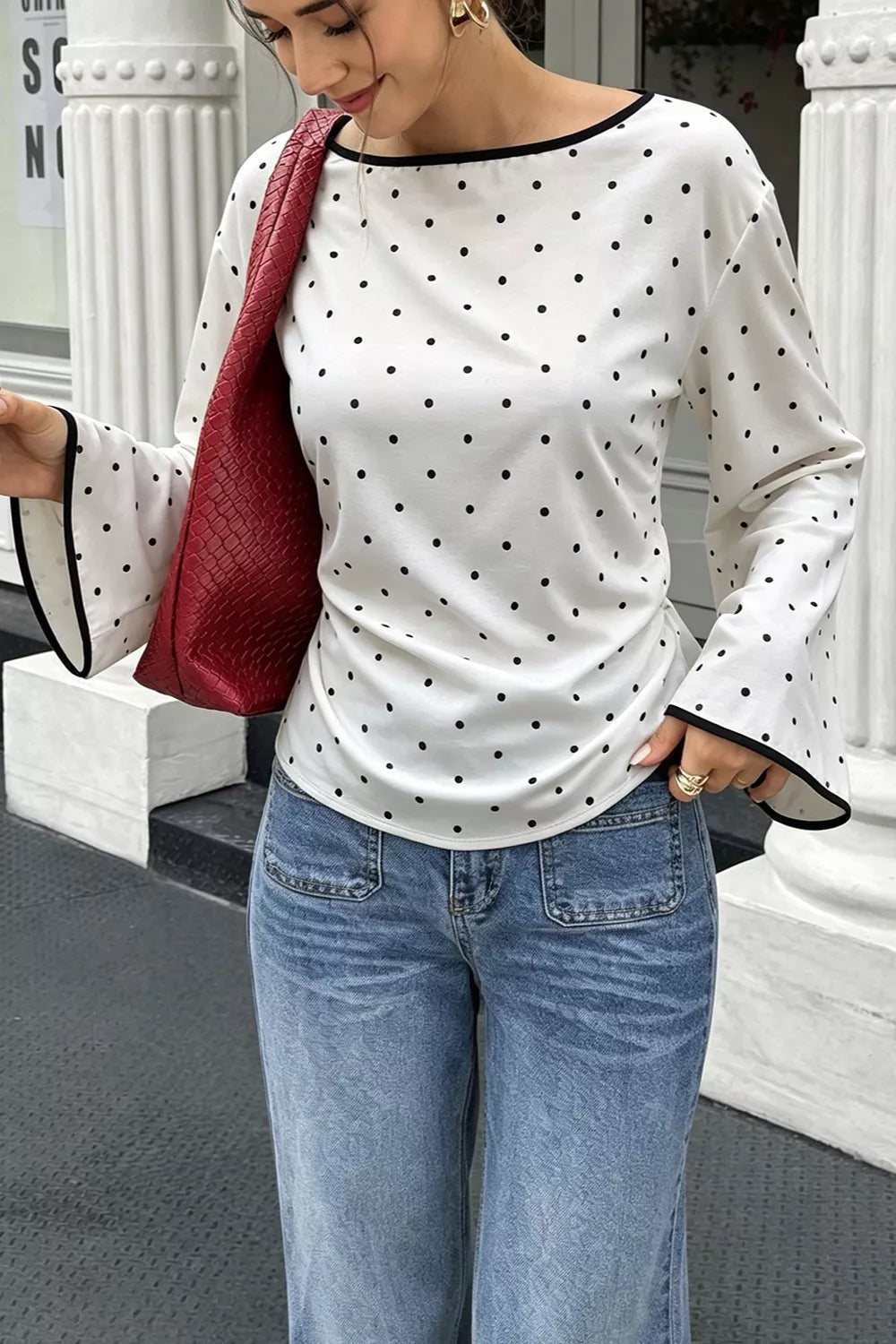 Trendsi Polka Dot Flare Sleeve Blouse -
