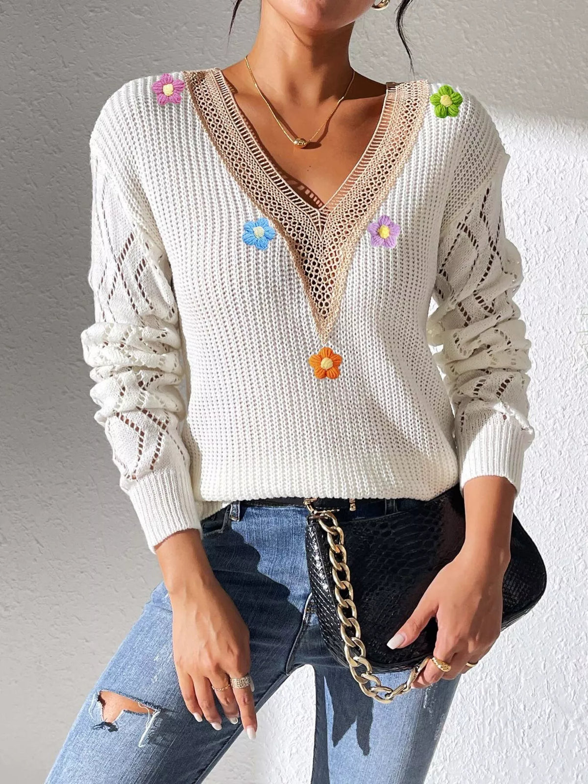 White Floral Applique V-Neck Openwork Sweater three-quarter view
