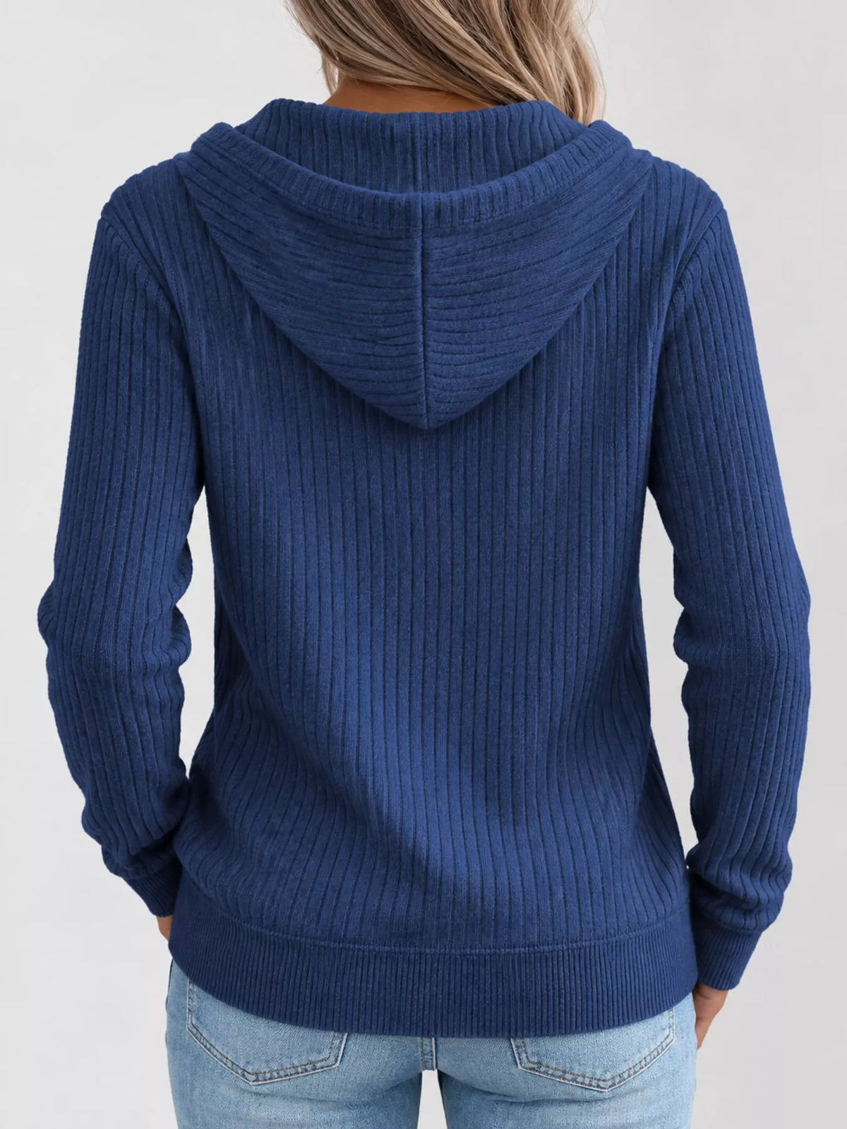 Blue Ribbed Knit Zip-Up Hooded Cardigan, back view