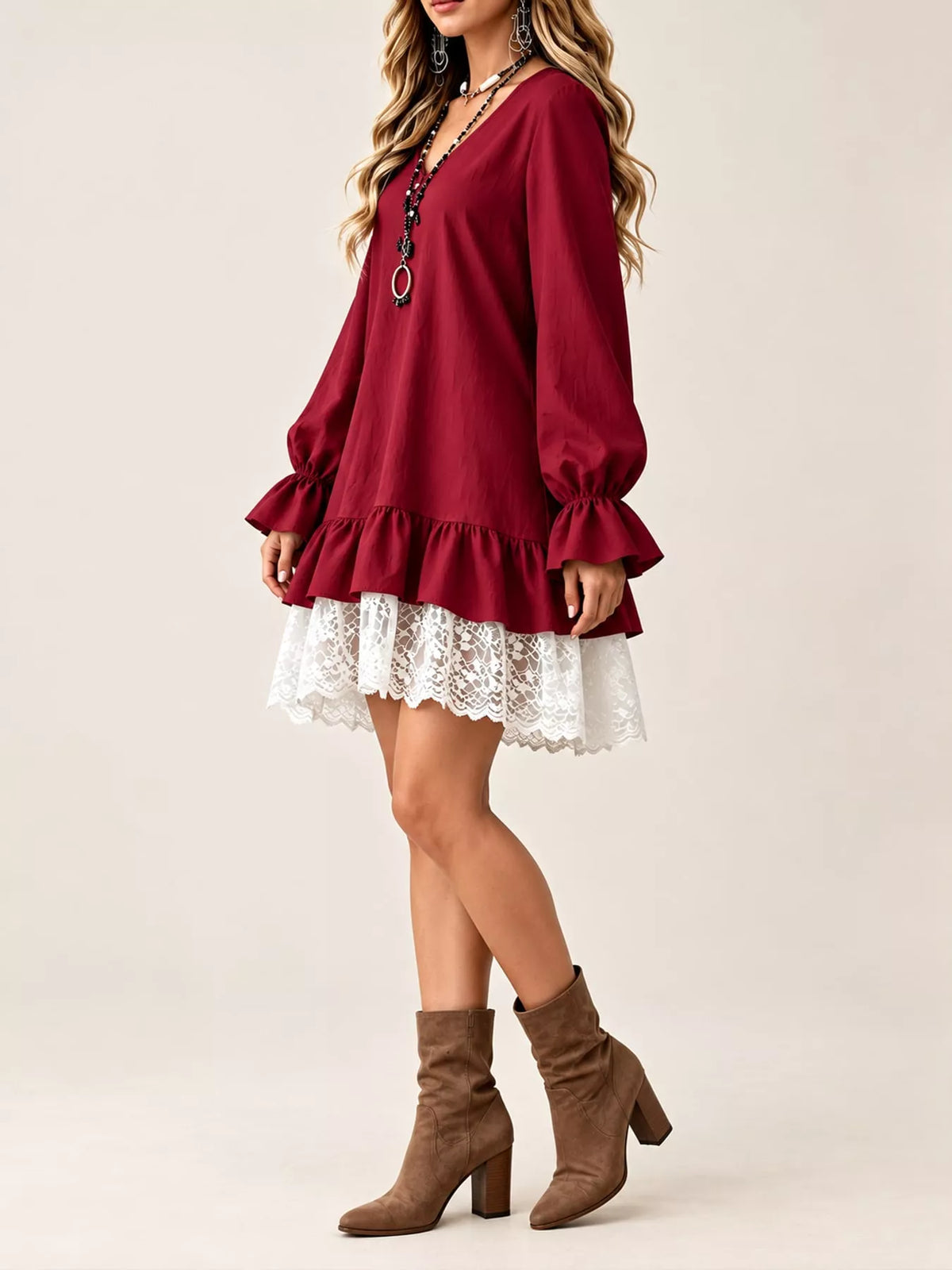 Lace-hem dress, burgundy side