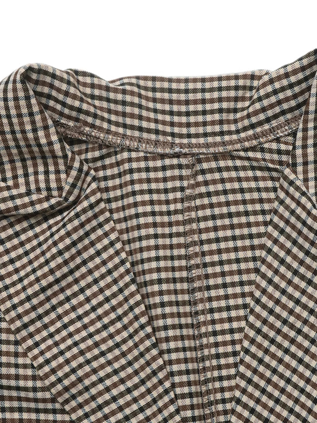 Brown plaid double-breasted blazer, lapel detail