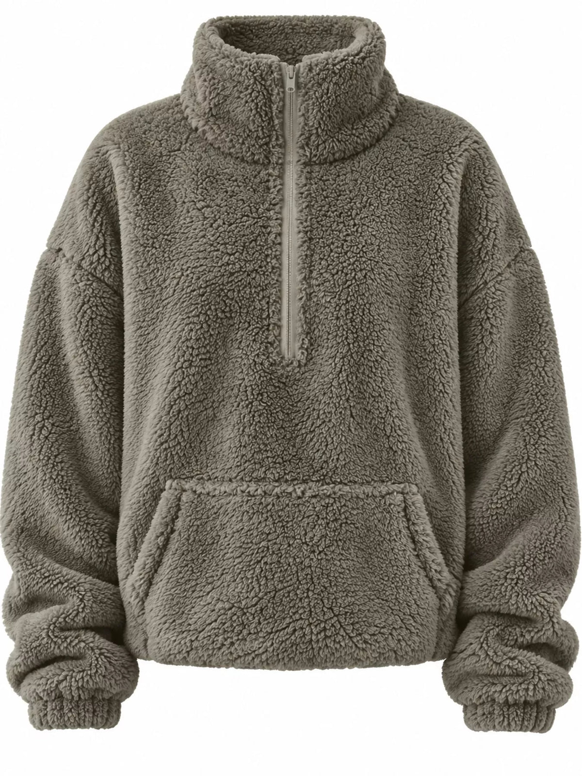 Sherpa quarter-zip sweatshirt, gray zip and pocket front