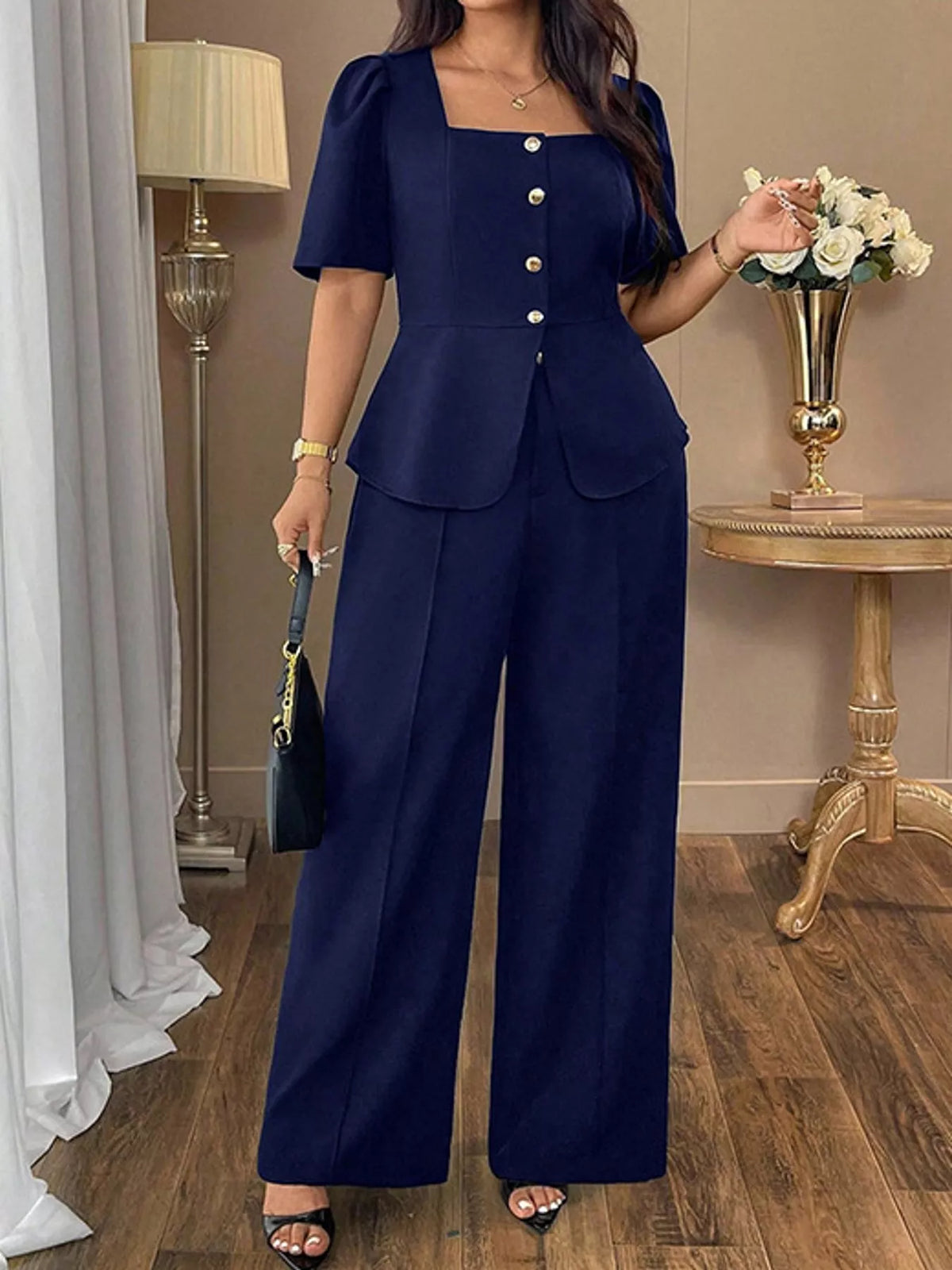 Peplum top and pants set, navy front