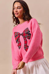 Trendsi SO ME Checker Plaid Ribbon Christmas Holiday Sweater -