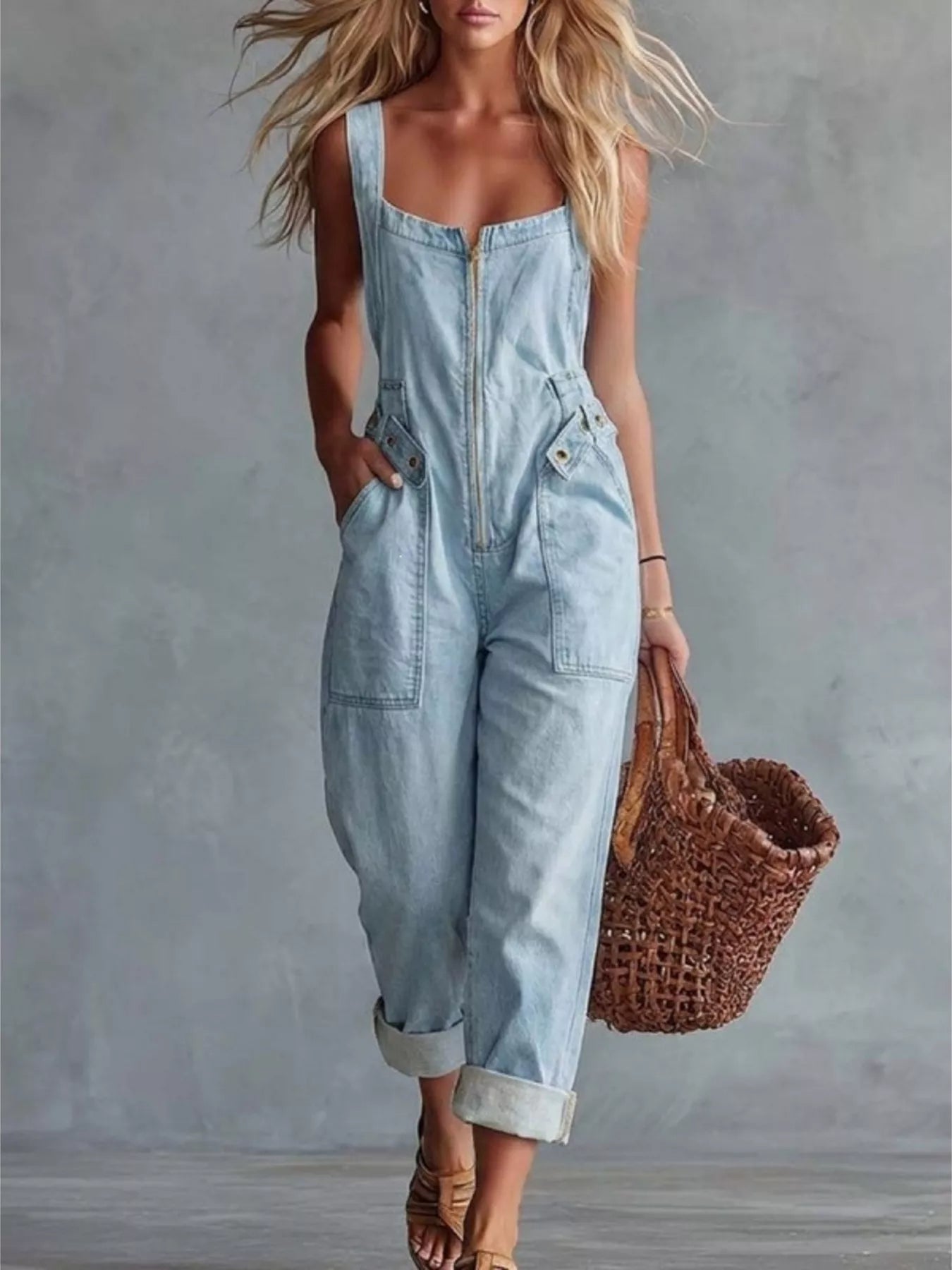 Trendsi Casual Sleeveless Zip Front Jumpsuit with Pockets -