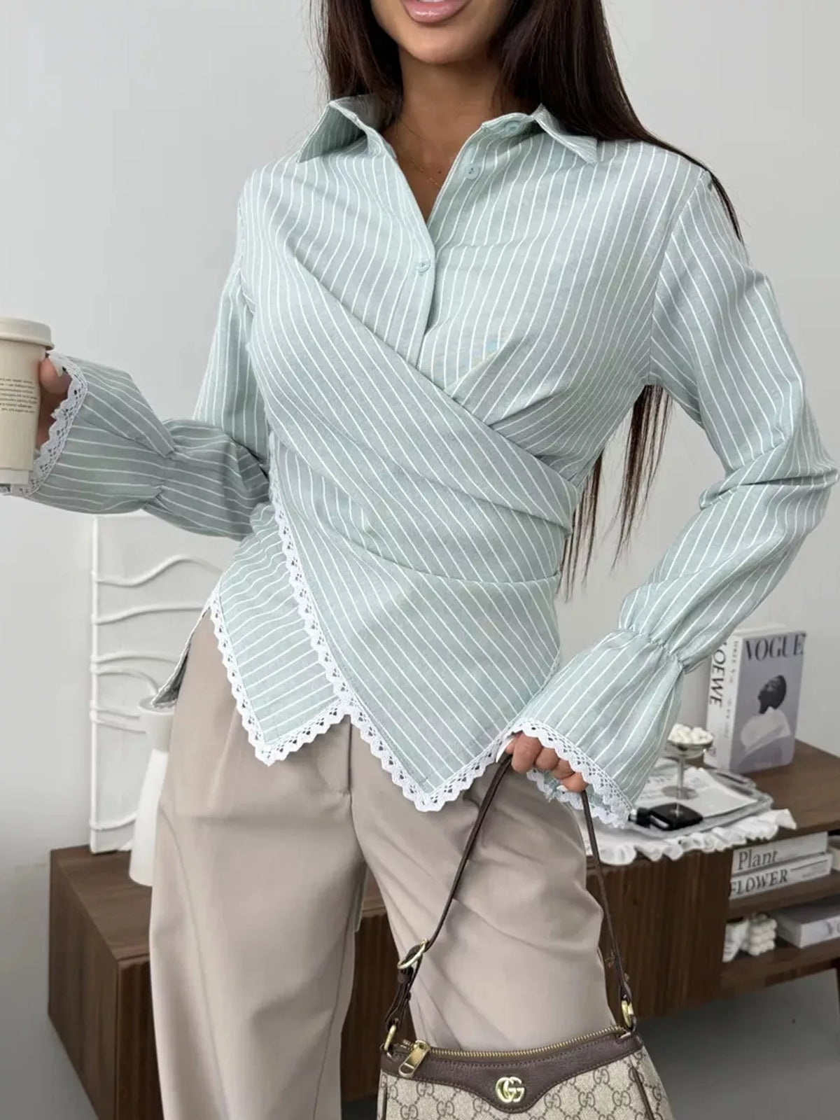 Lace-trim striped shirt, mint front