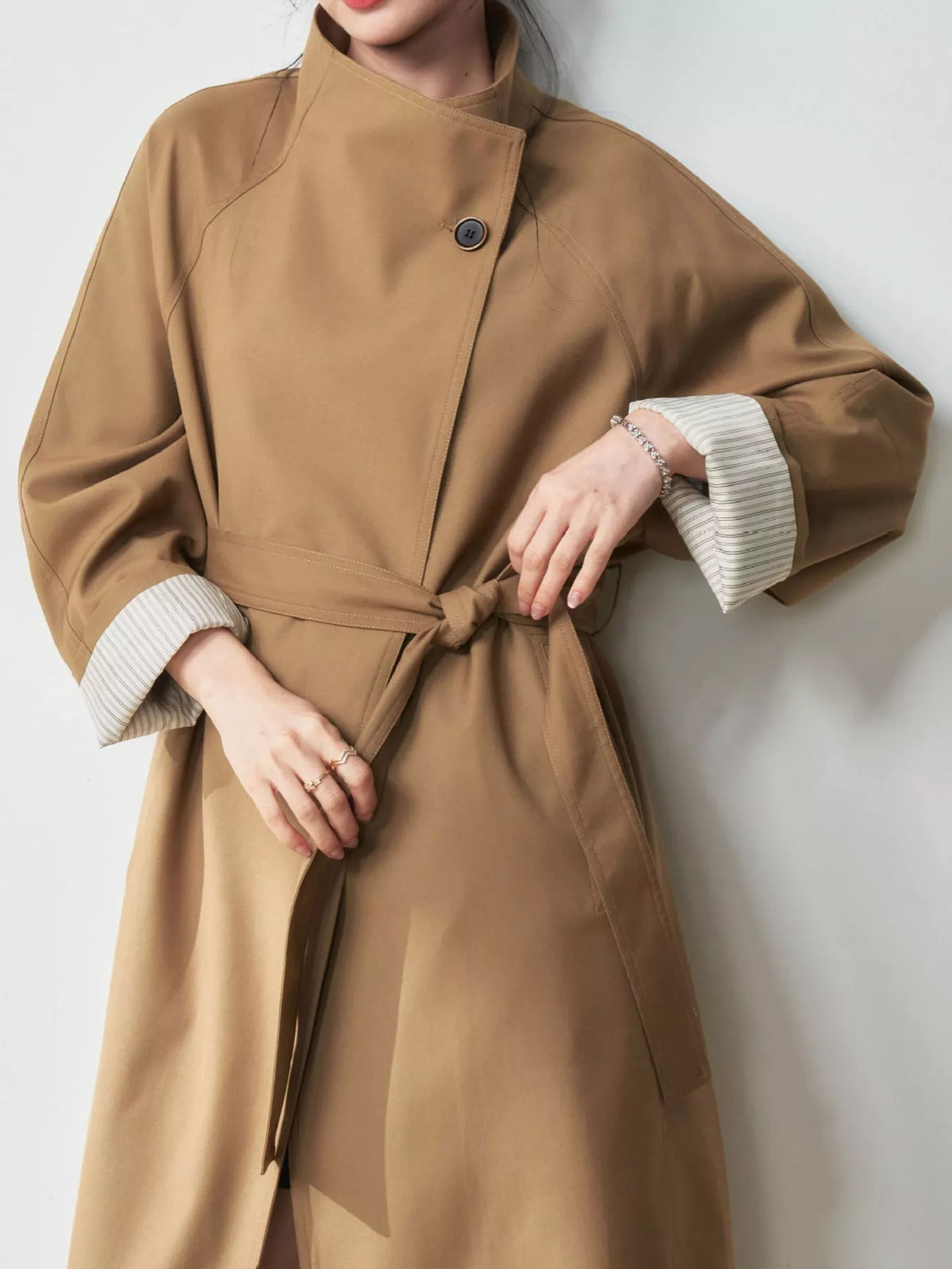 Asymmetric Button Longline Trench Coat, detail view in camel