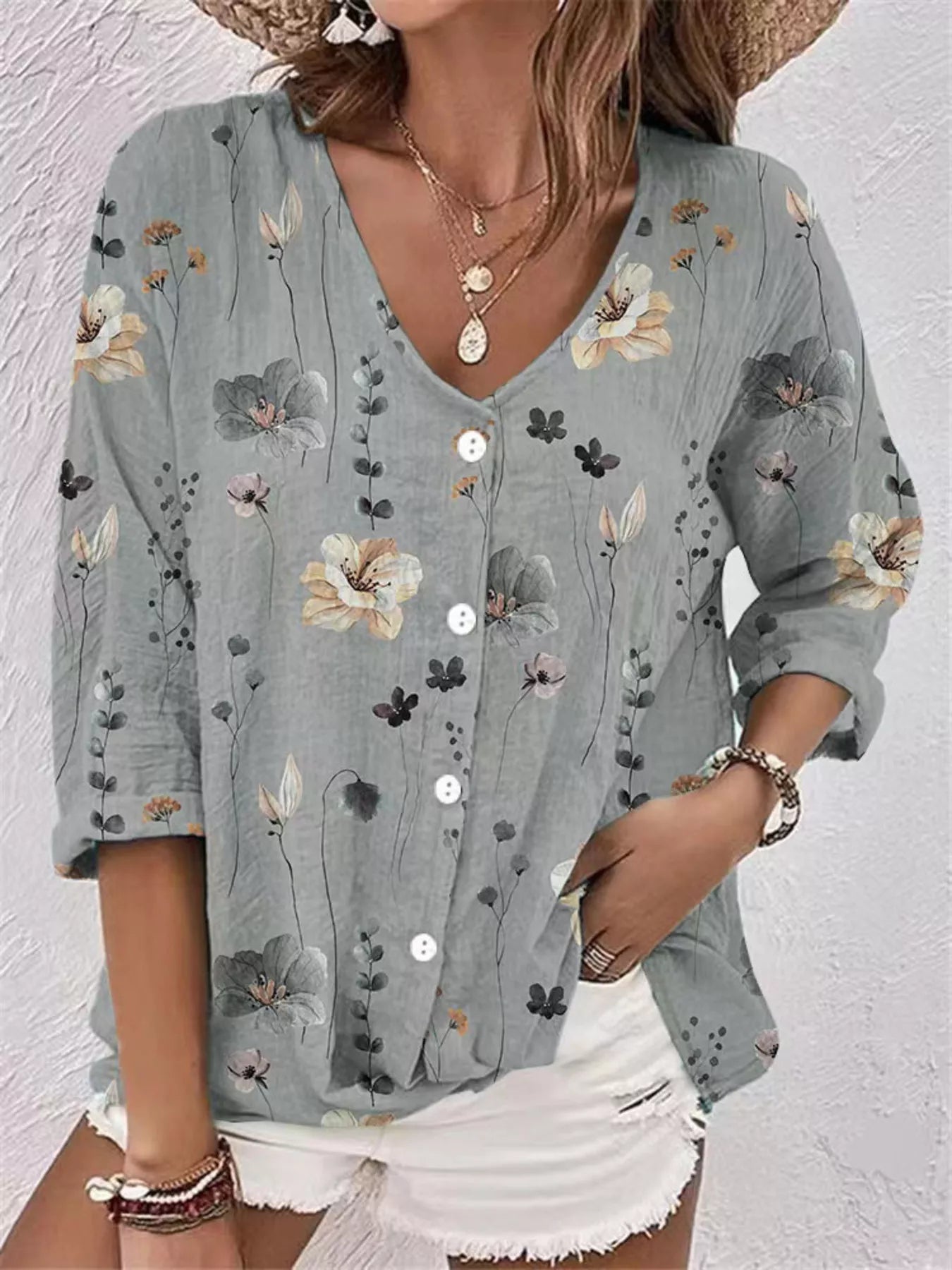 Trendsi Floral Print V-Neck Button-Down Shirt -