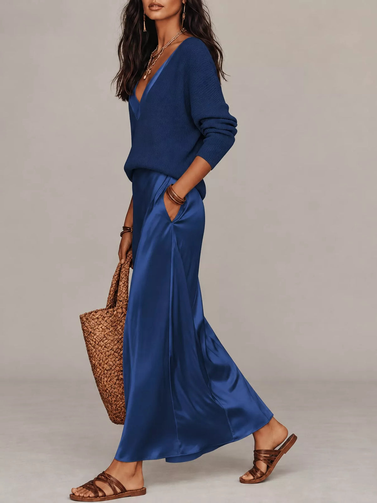 Dark Blue-Set v-neck top and satin midi skirt set