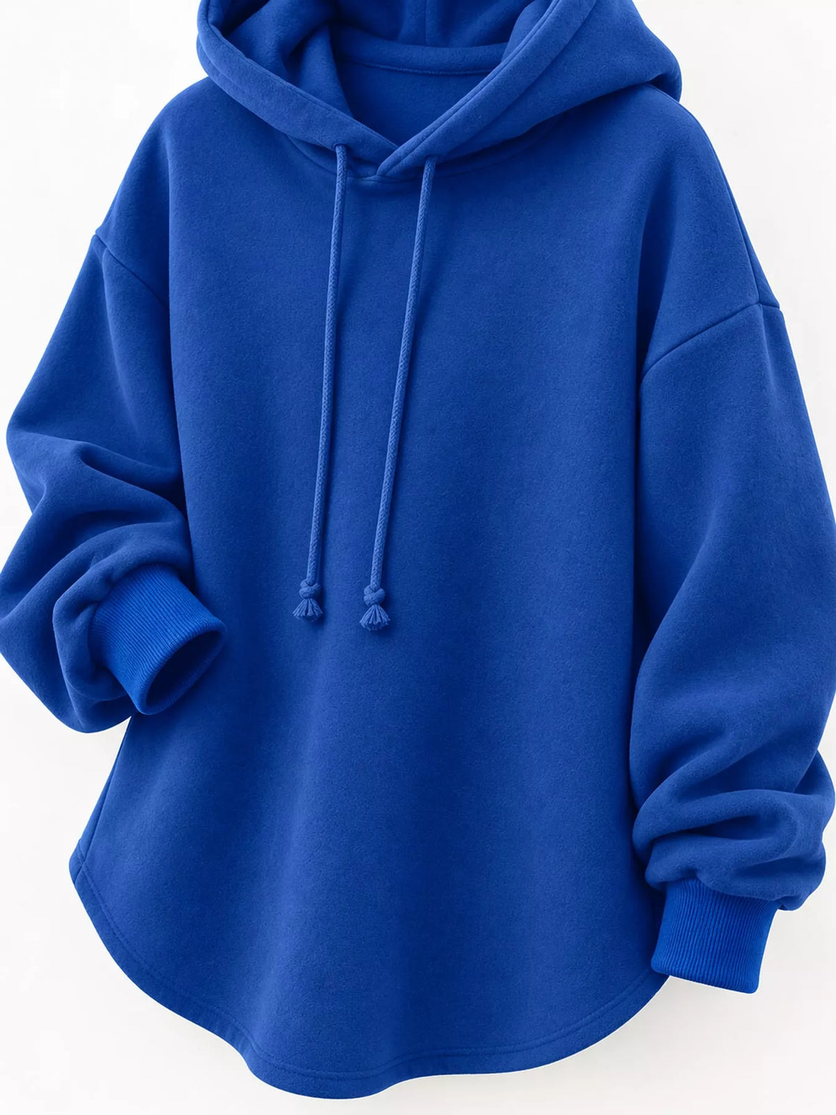 Blue drawstring hoodie, hood drawstrings, ribbed cuffs, and curved hem