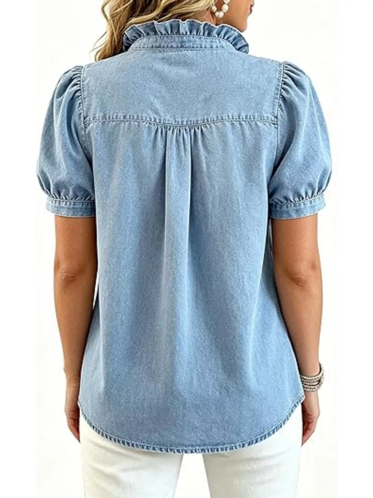 Trendsi Frill Puff Sleeve Denim Top -