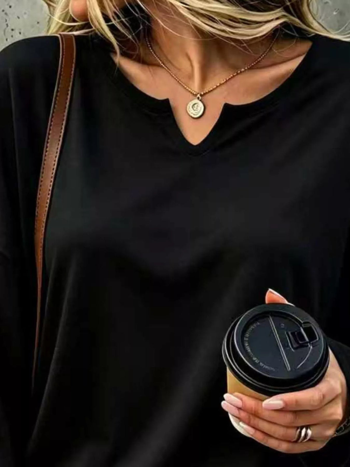 Black Loose-Fit Notch Neck Long Sleeve T-Shirt neckline detail