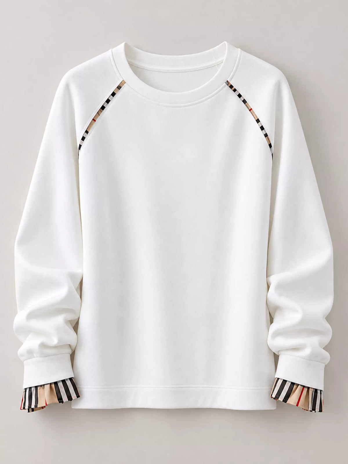 Plaid-trim sweatshirt, white flat lay
