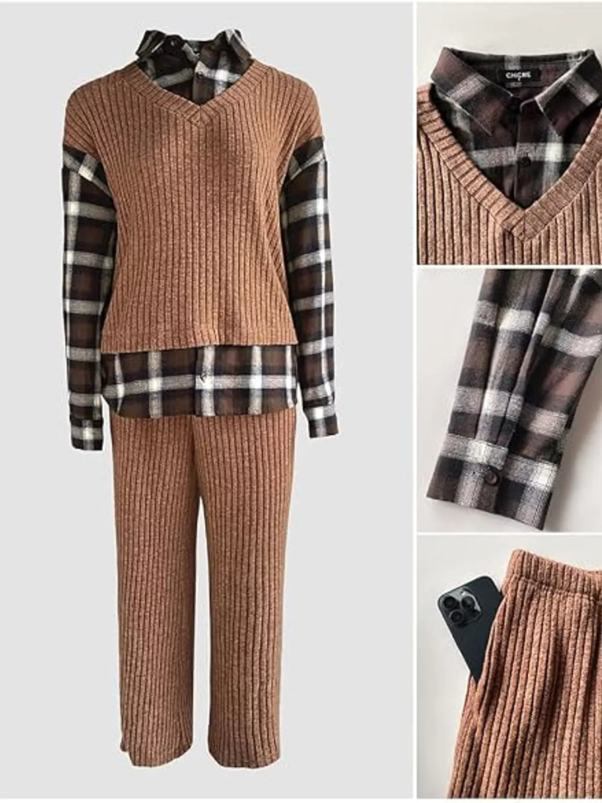 Trendsi Ribbed Knit Plaid Sleeve Top & Pants Set -