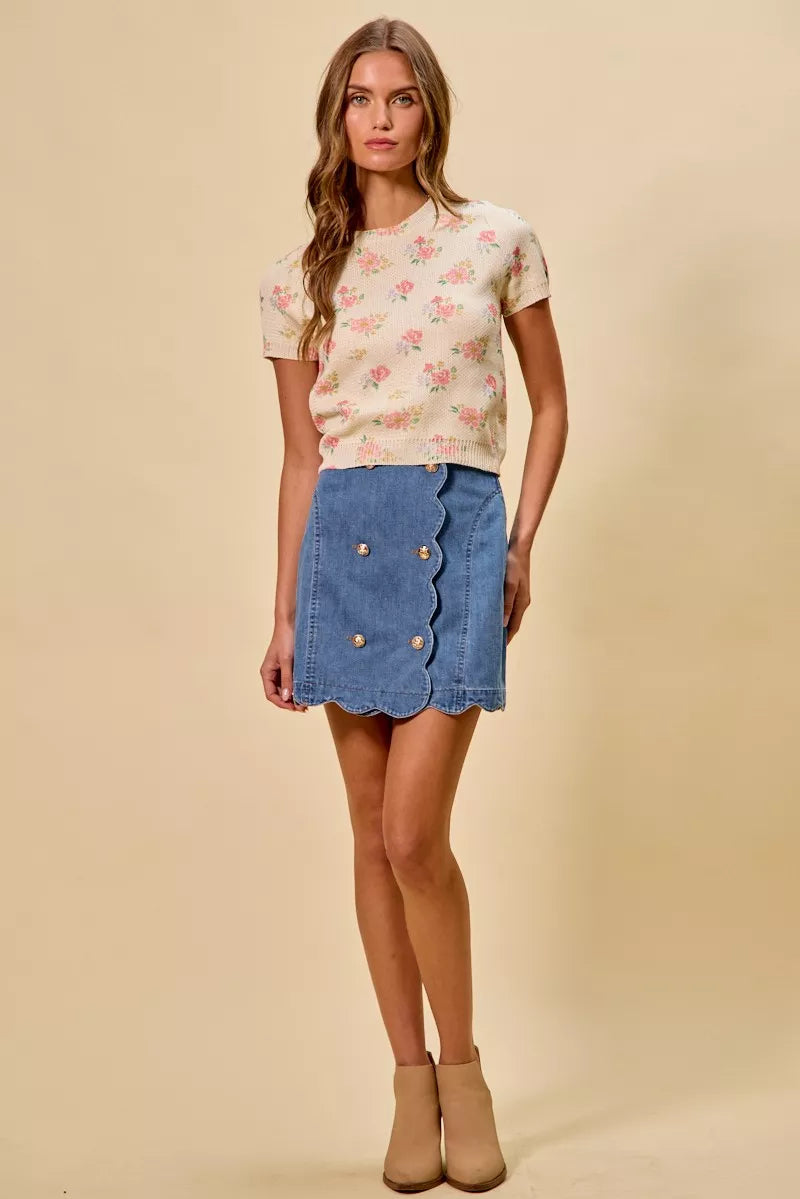 Trendsi SO ME Denim Scalloped Buttoned Front Skirt -