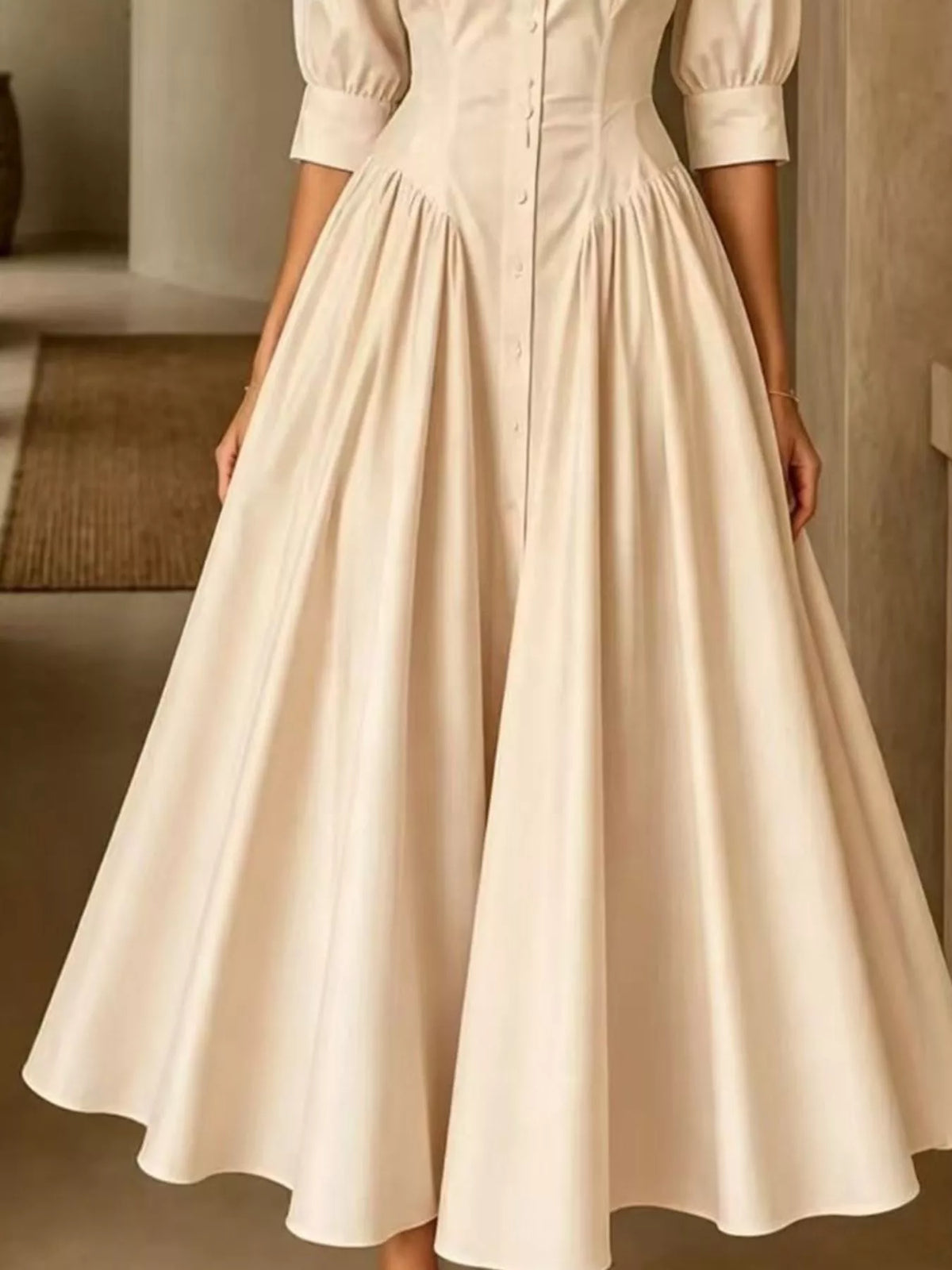 Button-Down Shirt Dress with Cinched Waist, skirt detail