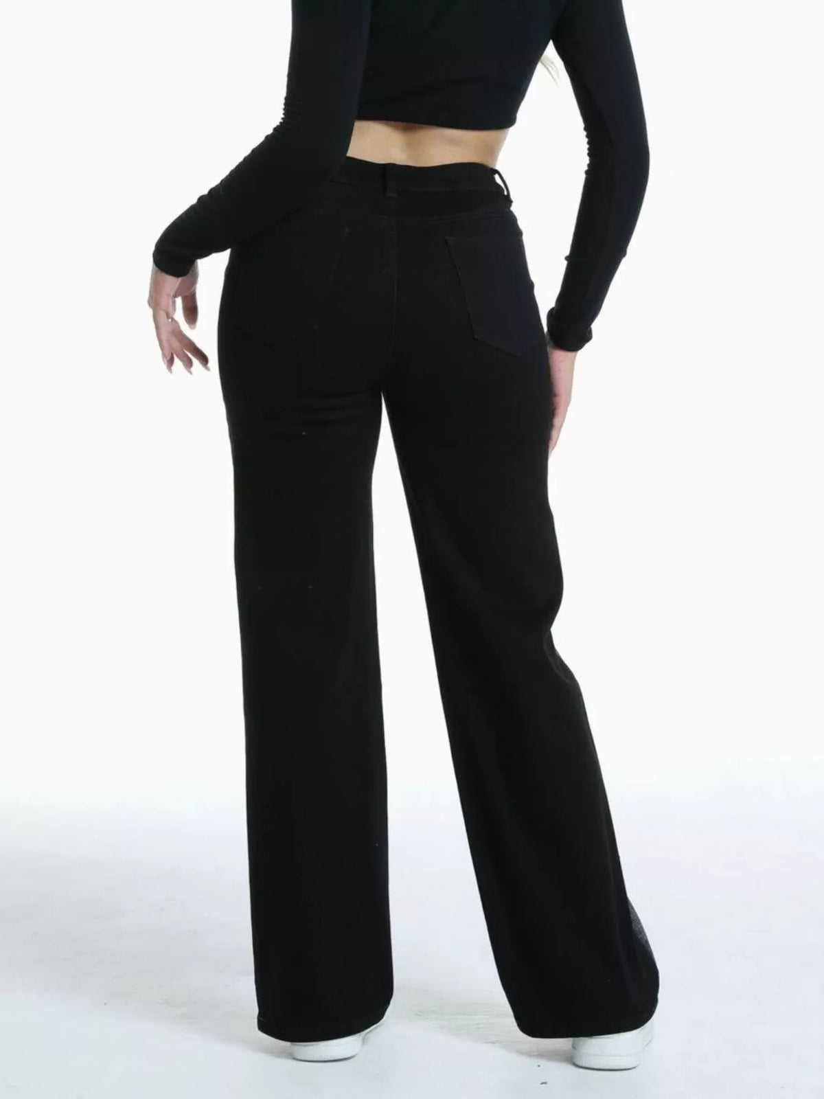 Contrast Panel Ripped Wide-Leg Jeans in black, back view