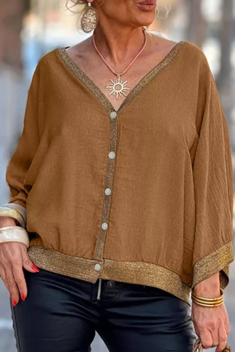 Trendsi V-Neck Button Up Shirt -
