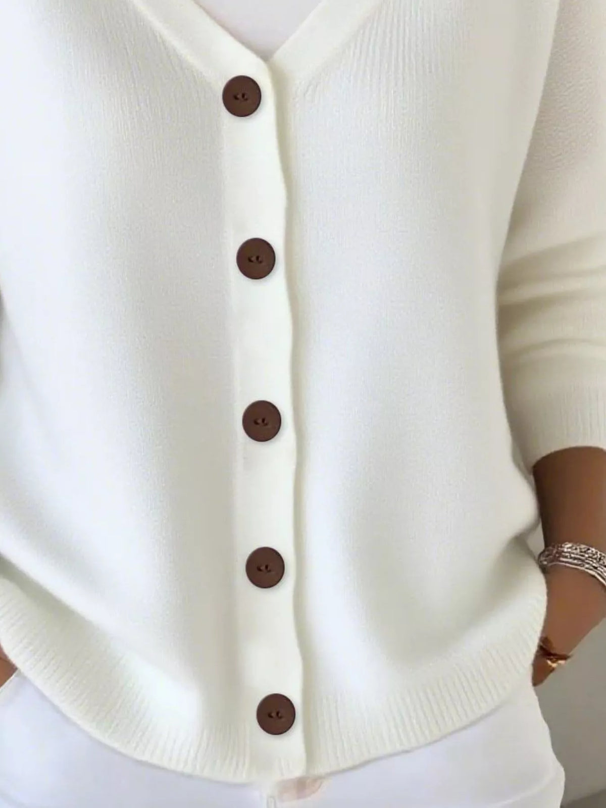 Women's V-Neck Button-Down Knit Cardigan in white — button detail view