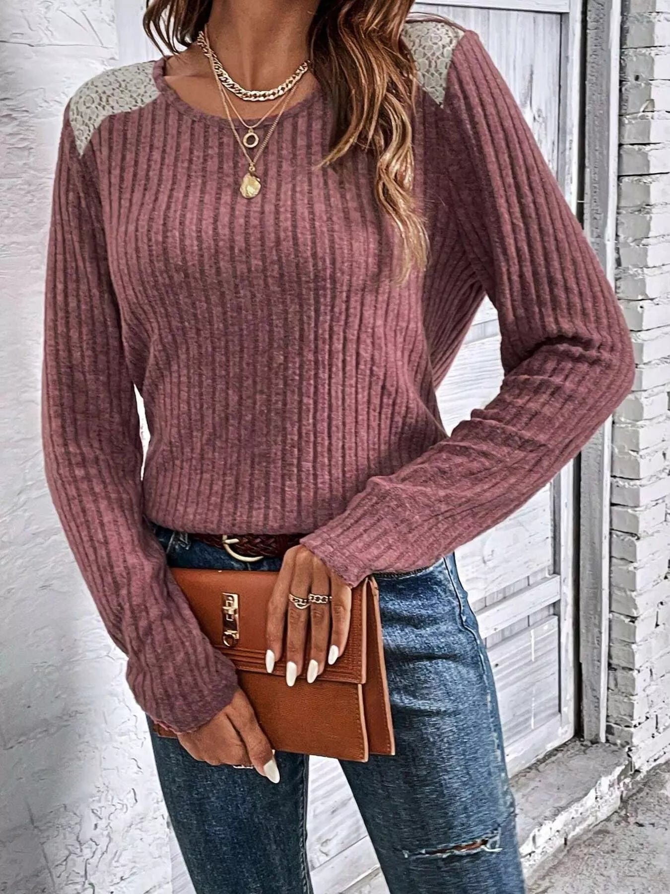 Trendsi Ribbed Long Sleeve Knit Top -