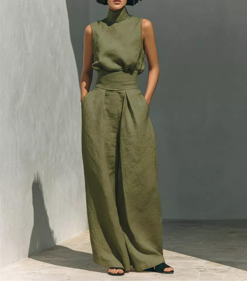 Turtleneck sleeveless top and wide-leg pants set