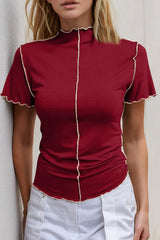 Trendsi Basic Bae Contrast Trim Mock Neck Short Sleeve T-Shirt - Shirts