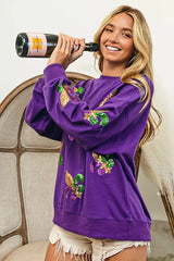 Trendsi BiBi Fleur De Lis Sequin Patches Mardi Gras Sweatshirt -