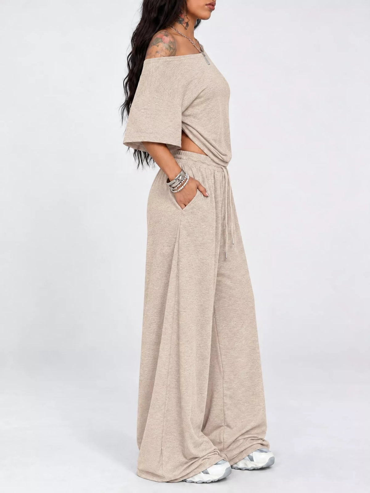 Beige boat neck top and wide-leg pants set — side view