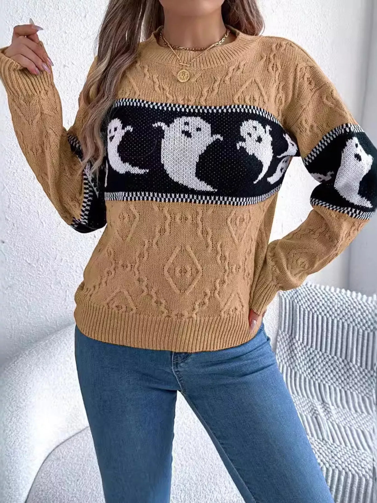 Halloween Ghost Pattern Textured Sweater in camel, front view