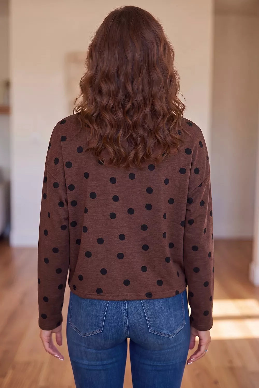 Polka Dot Button Front Long Sleeve Shirt in brown, back view