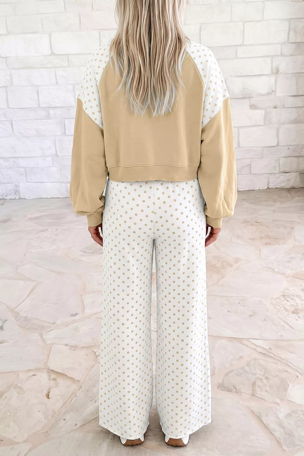 Trendsi Polka Dot Patchwork Colorblock Long Sleeve Casual Two Piece Pants Set -