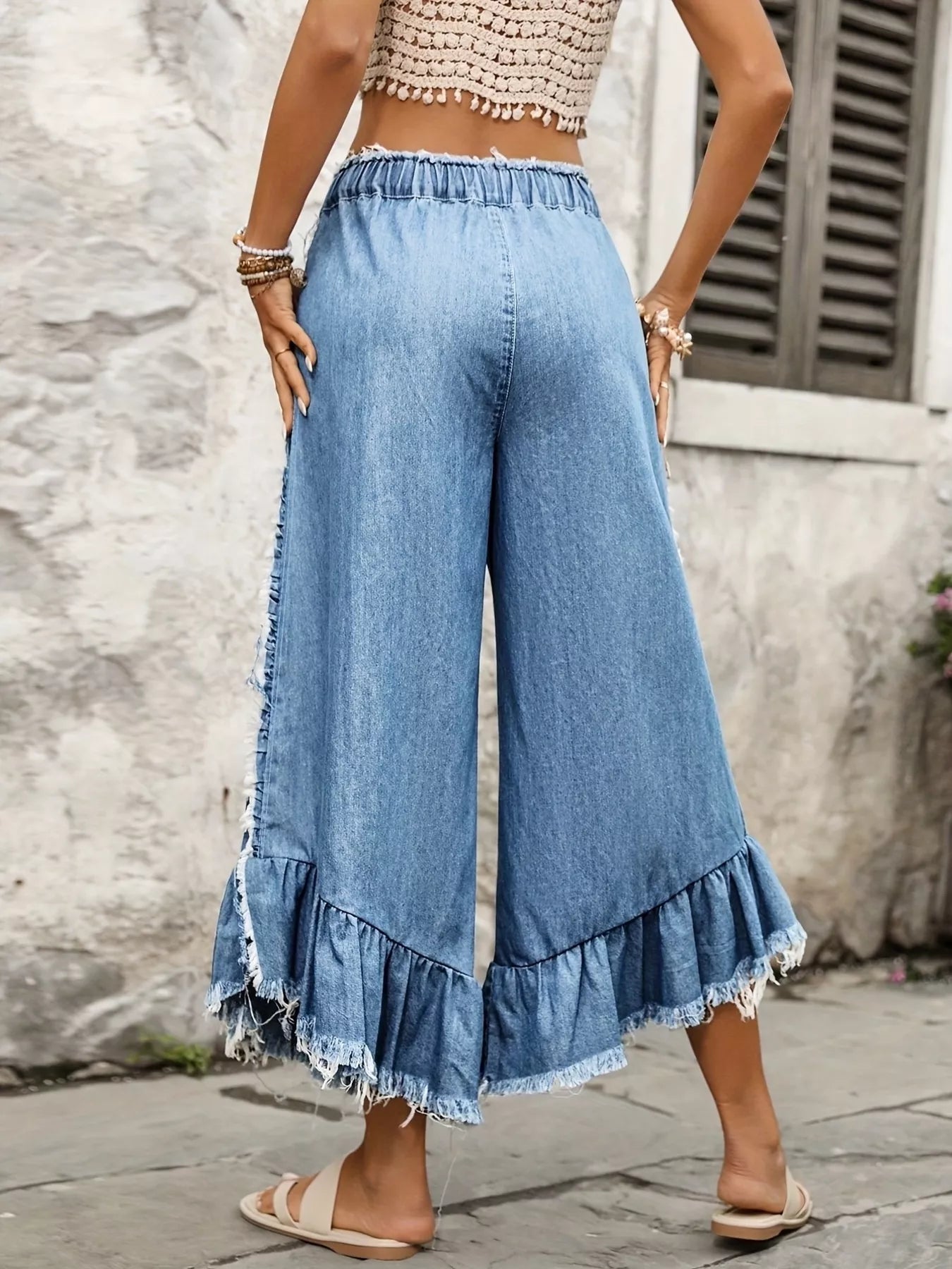 Trendsi Drawstring Wide-Leg Ruffle Hem Jeans -