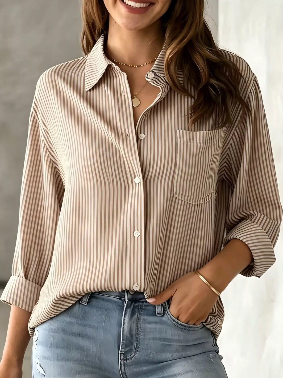 Striped long shirt, beige front