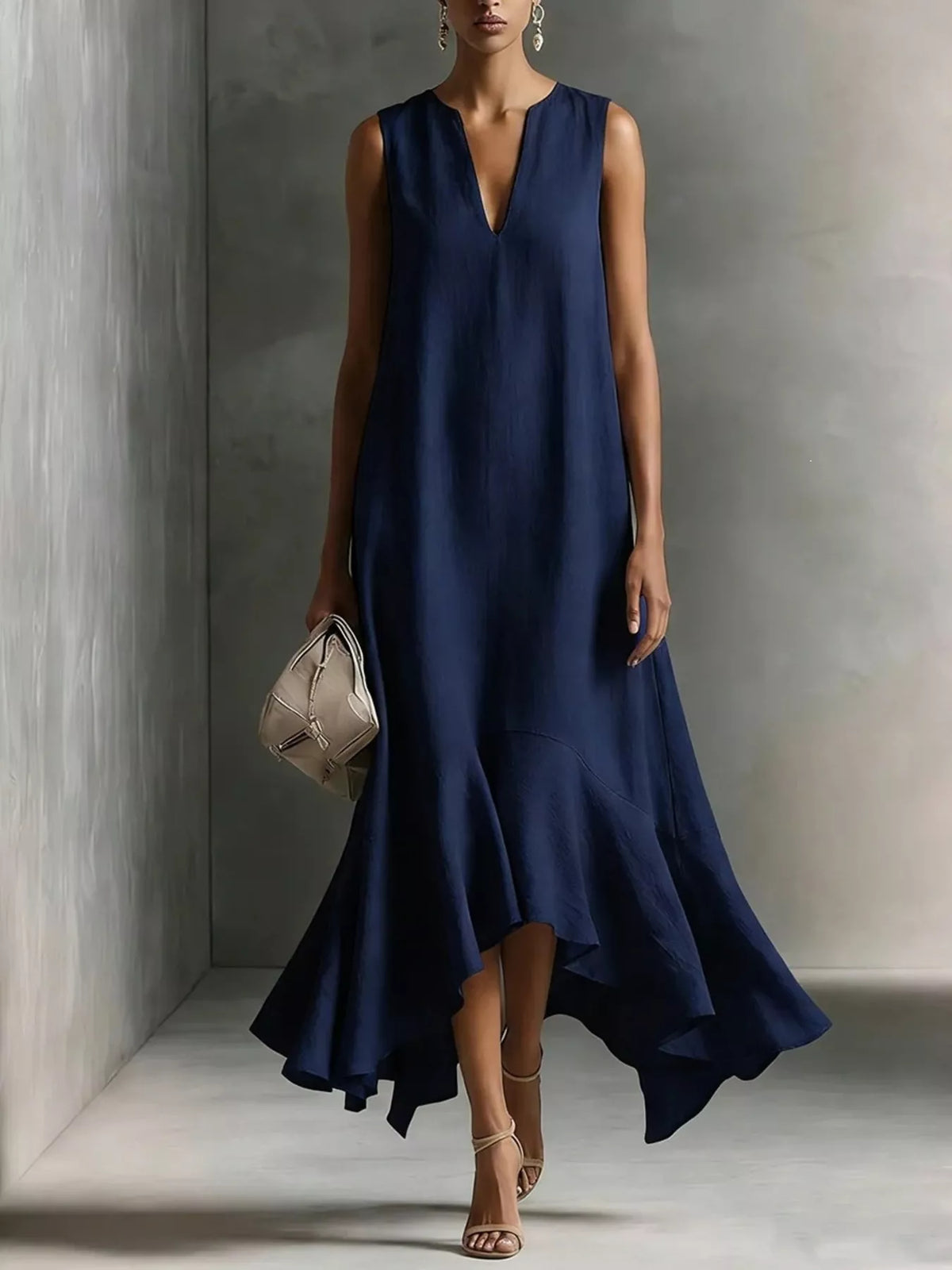 Trendsi Ruffled Hem Sleeveless Notched Dress -