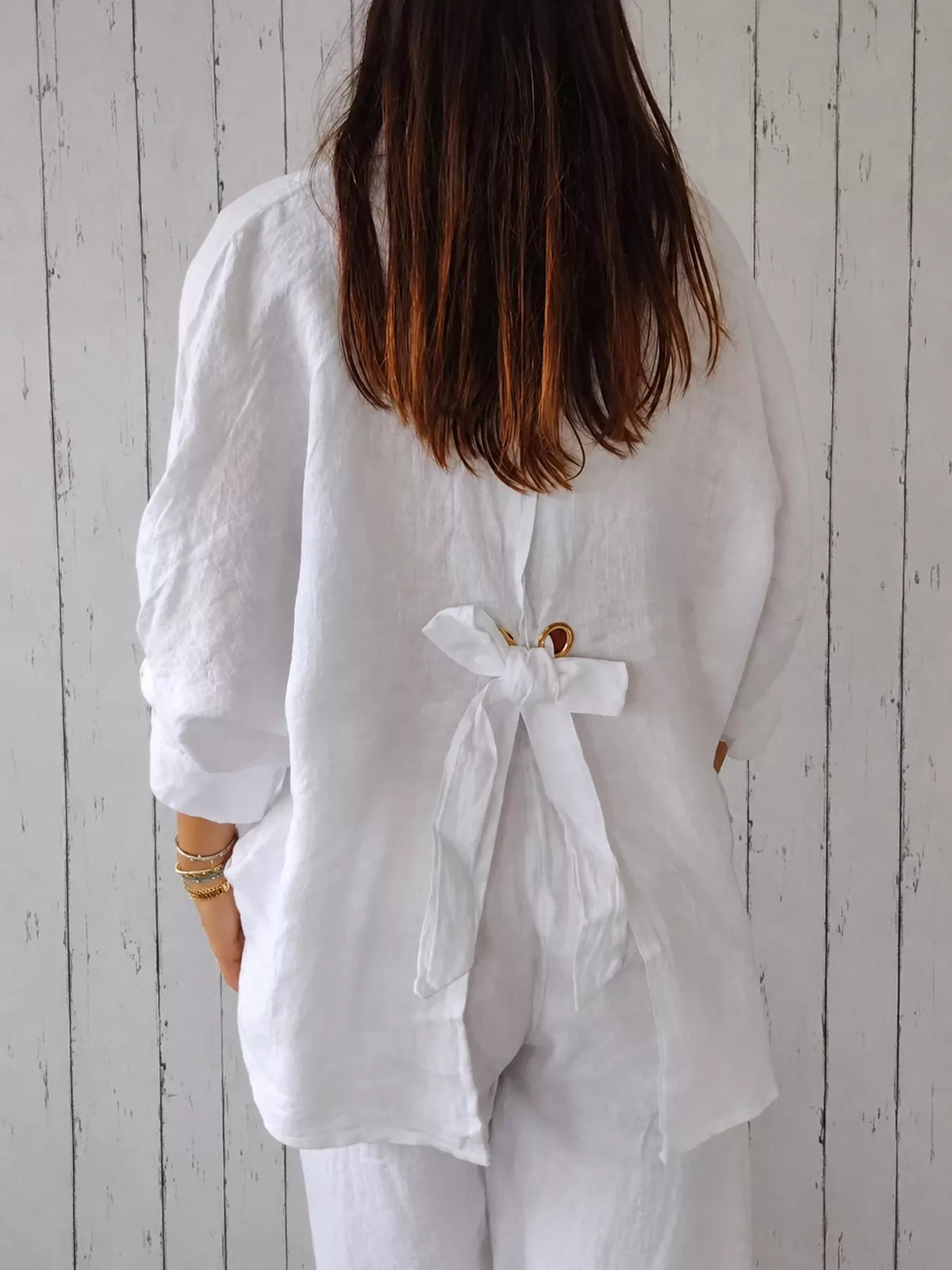 White loose fit tie back shirt, back view