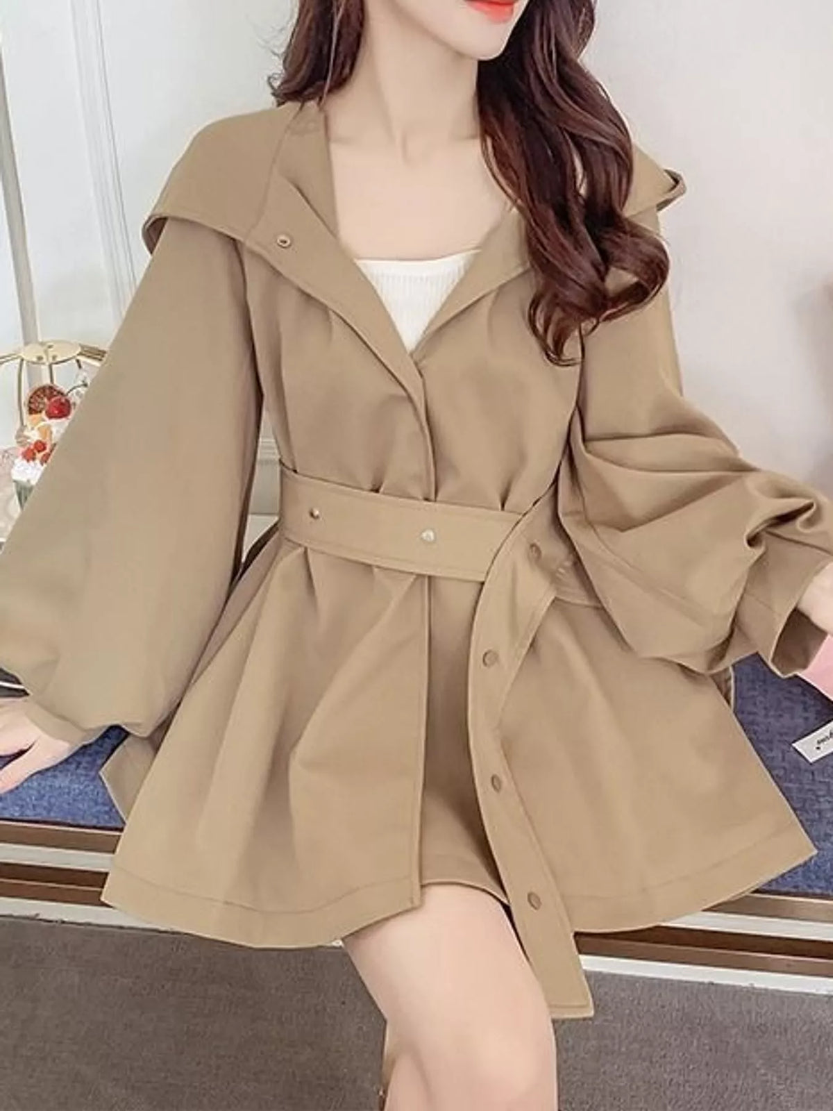 Khaki lantern sleeve hooded belted jacket