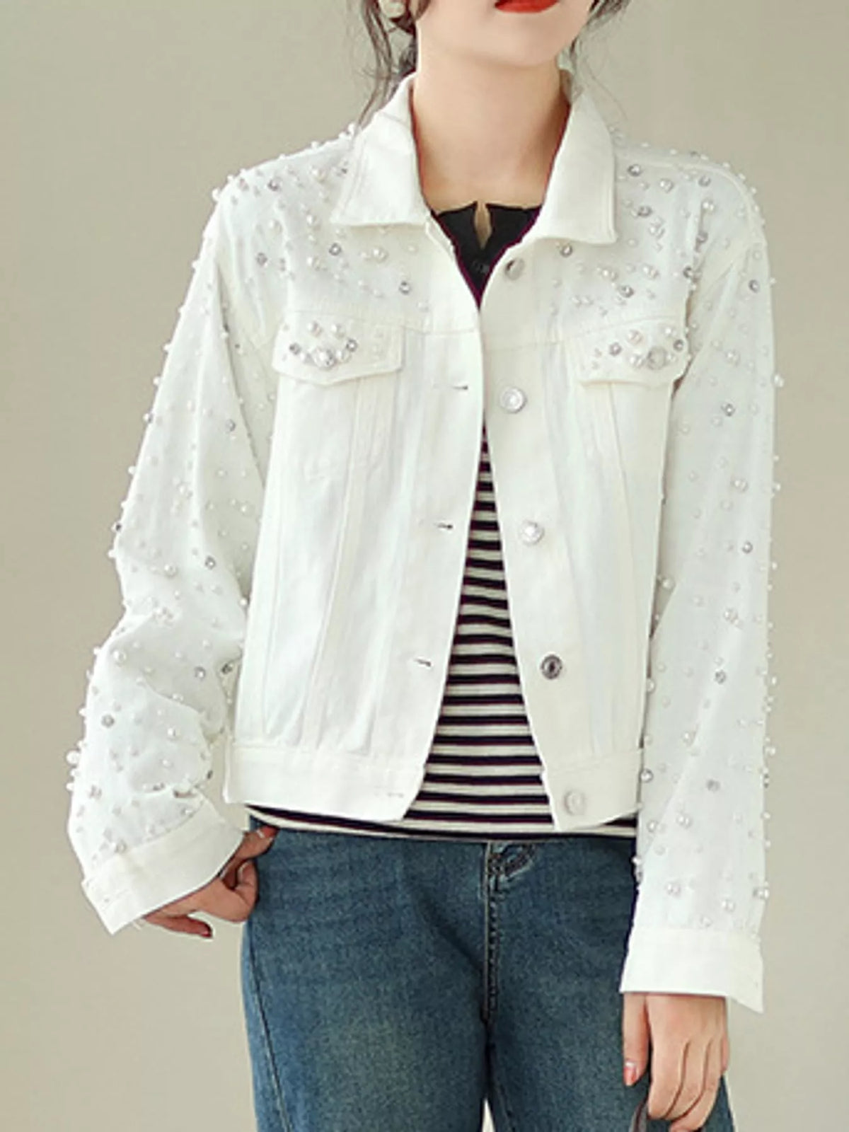 Women's Pearl Detail Button Up Denim Jacket in white — front view