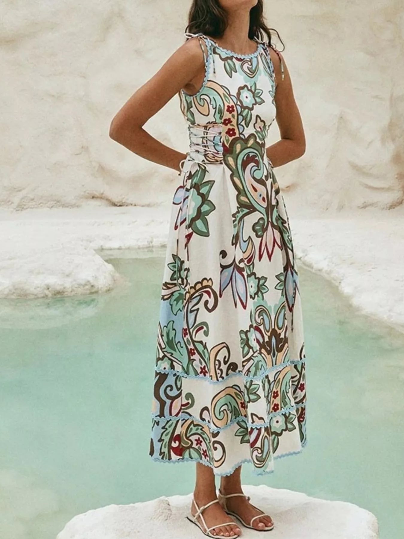 Trendsi Printed Tie Shoulder Sleeveless Midi Dress -