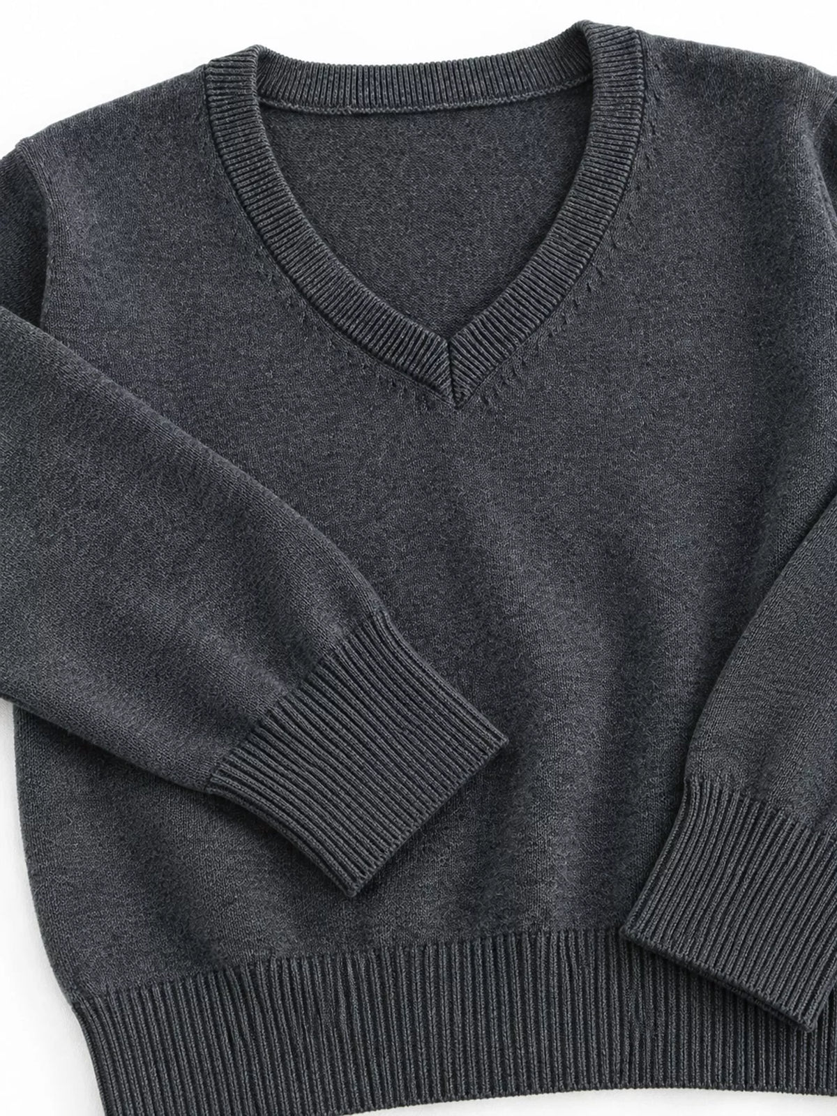 Women's V-Neck Long Sleeve Sweater in charcoal — detail collage view